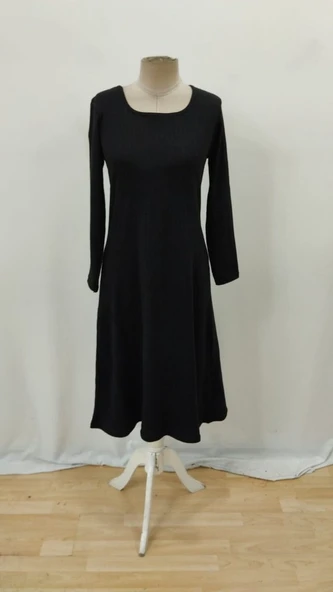 Kadın Uzun Kollu Kare Yaka Midi Kaşkorse Elbise - Resim 8