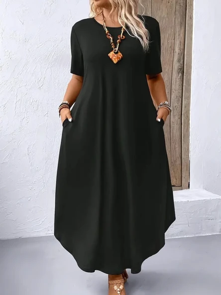 Kadın Kısa Kollu Bisiklet Yaka Cepli Salaş Viskon Elbise - Resim 2