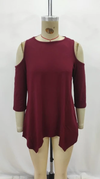 Kadın Omuzlardan Açık Sıfır Yaka Asimetrik Kesim Detay Viskon Bluz - Resim 4