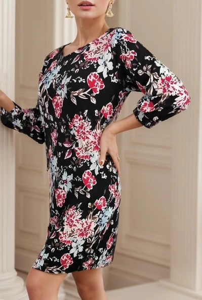 Kadın Uzun Kollu Bisiklet Yaka Dalgıç Mini Boy Elbise - Resim 7