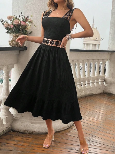 Kadın Askılı Ve Beli Dantel Detaylı Fırfırlı Uzun Bürümcük Elbise - Resim 4