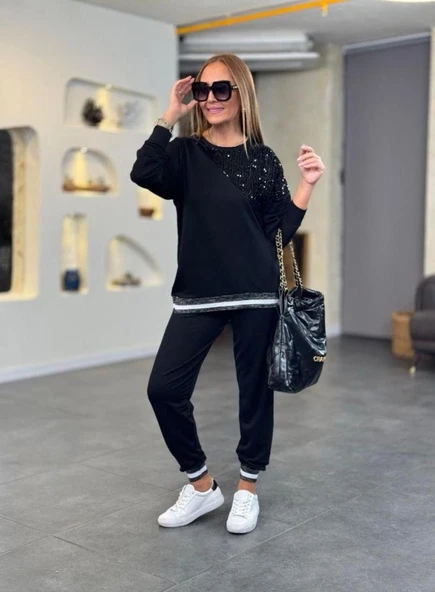 Kadın Modal Kumaş Payetli Sim Ve Ribanalı Detay Ikili Takım - Resim 3