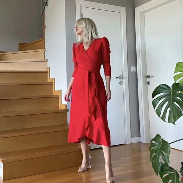 Krep Kumaş Midi Boy Kuşaklı Uzunkol Elbise - Resim 3