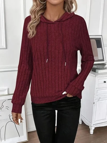 Kadın Uzun Kollu Kapşonlu Bağcıklı şardonlu Kaşkorse Bluz - Resim 2