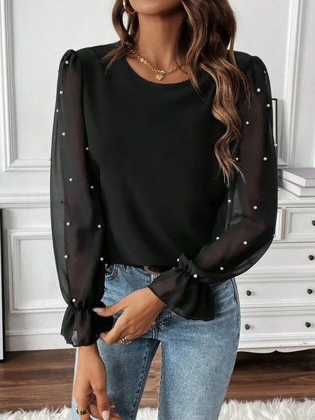 Kadın Uzun Kollu Bisiklet Yaka Tül Detaylı Incili Ithal Krep Bluz - Resim 2