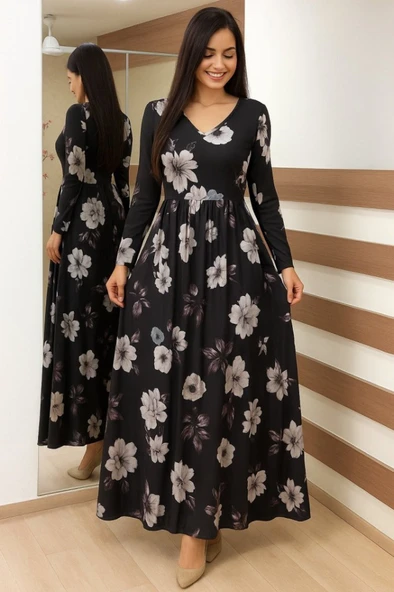 Kadın Uzun Kollu V Yakalı çiçek Desenli Maxi Süprem Elbise - Resim 8