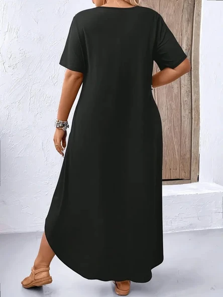 Kadın Kısa Kollu Bisiklet Yaka Cepli Salaş Viskon Elbise - Resim 3