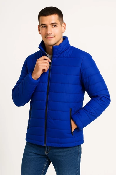 Erkek Bomber Mont Ceket – Su İtici Kumaş, Kapitone Astarlı, Fermuarlı, Kışlık - Saks Mavisi - Resim 2