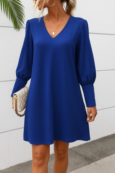 Kadın Uzun Kollu V Yakalı Kısa Ithal Krep Elbise - Resim 3