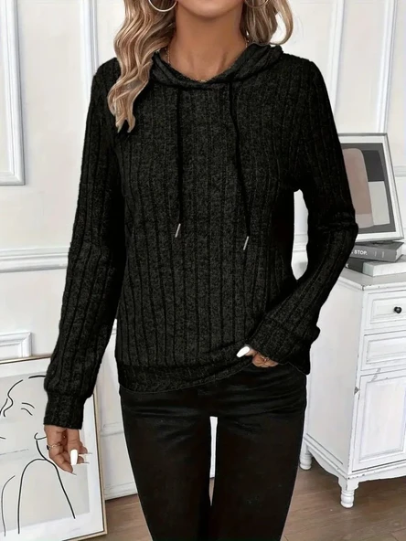 Kadın Uzun Kollu Kapşonlu Bağcıklı şardonlu Kaşkorse Bluz - Resim 5