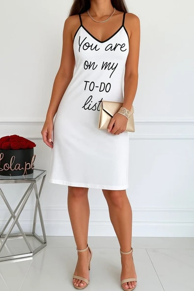 Kadın Kolsuz Askılı Sırt çapraz Detay To Do List Baskı Süprem Gecelik Elbise ürün görseli
