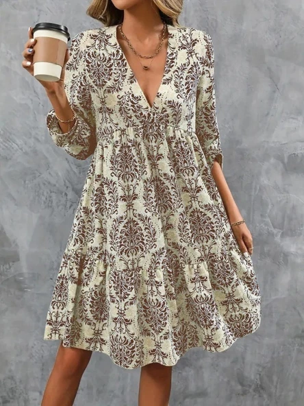 Kadın Uzun Kollu V Yakalı Fırfırlı Mini Süprem Elbise ürün görseli