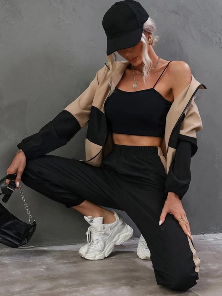 Kadın Uzun Kollu Kapşonlu önden Fermuarlı Viskon Iki Iplik Bluz Ve Pantolon Ikili Takım - Resim 2