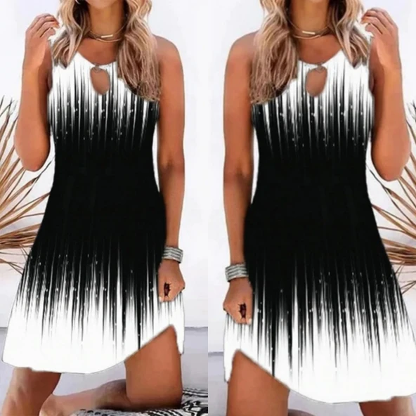 Kadın Yaka Damla Dekolteli Siyah Beyaz Desenli Dalgıç Elbise - Resim 2