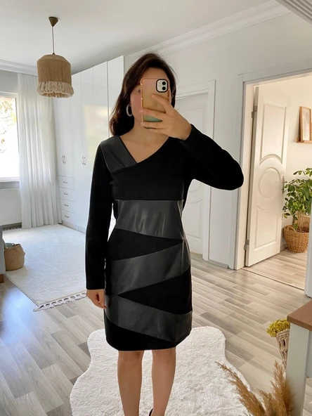 Kadın Uzun Kollu Asimetrik Yaka Süet Ve Deri Mini Boy Elbise - Resim 6