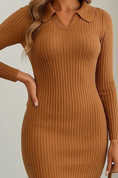 Kadın Uzun Kollu Yakalı Triko Elbise - Resim 2