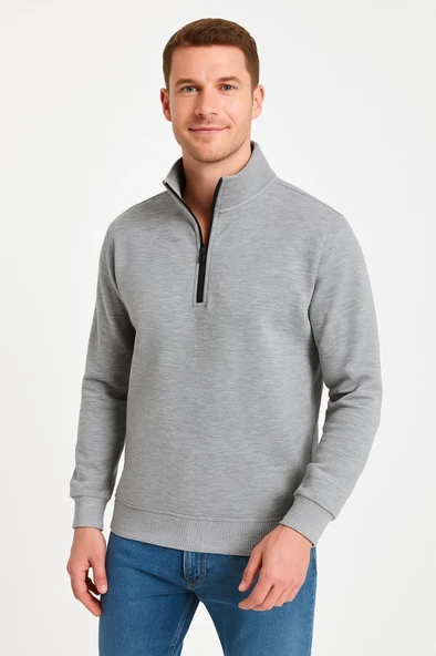 Erkek Dik Yaka Sweatshirt Dik Yaka Yarım Fermuarlı 3 İplik Şardonlu Pamuk Kumaş - Gri - Resim 4