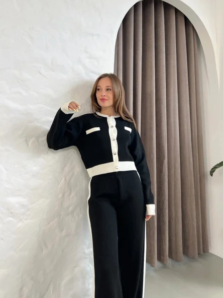 Kadın Uzun Kollu şerit Detay Triko Takım - Resim 2