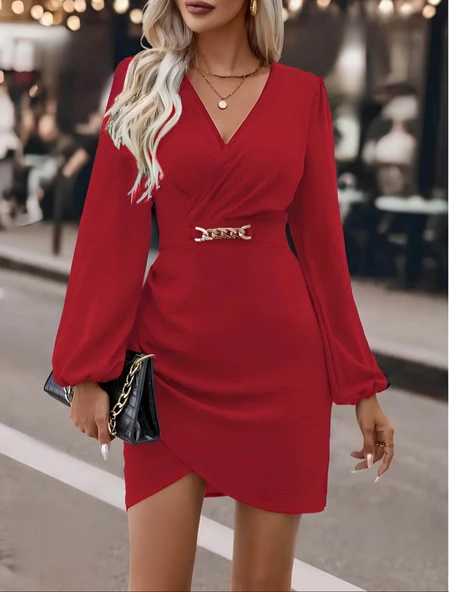 Kadın Uzun Kollu Kruvaze Yaka Yandan Büzgülü Asimetrik Detaylı Ithal Krep Mini Elbise - Resim 3