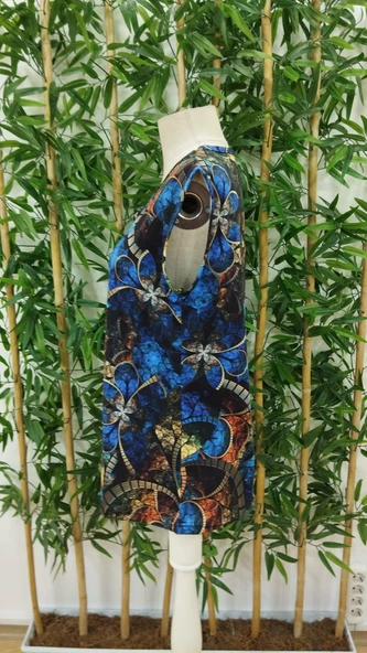 Kadın Sıfır Kol Yuvarlak Yaka Karışık Renkli Baskılı Süprem Bluz - Resim 7