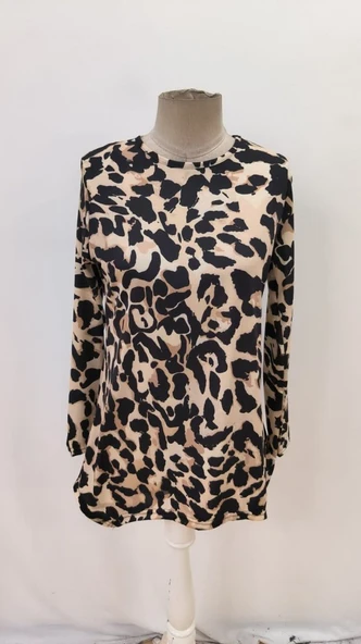 Kadın Uzun Kollu Bisiklet Yaka Leopar Desenli Süprem Bluz - Resim 6