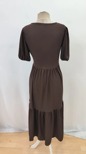 Kadın Kısa Kollu Yakası Açık Katlı Bürümcük Balon Elbise - Resim 7