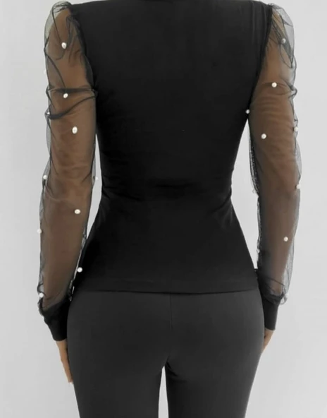 Kadın Uzun Kollu Inci Detaylı Tüllü Viskon Bluz - Resim 2