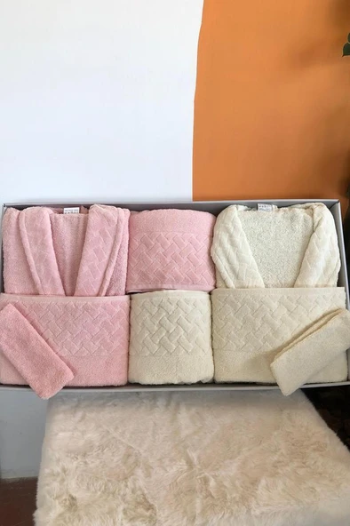 Şazeli 8 Parça Aile Bornoz Takımı Krem Pudra