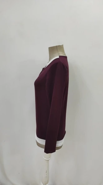 Kadın Uzun Kollu V Yakalı çift Renkli Viskon Iki Iplik Bluz - Resim 9