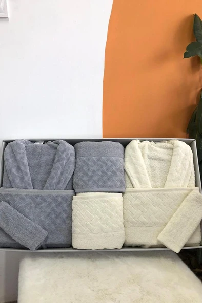 Şazeli 8 Parça Aile Bornoz Takımı Krem Gri ürün görseli