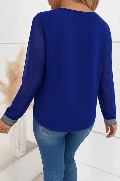 Kadın Uzun Kollu V Pulpayet Yakalı Ithal Krep Bluz - Resim 3