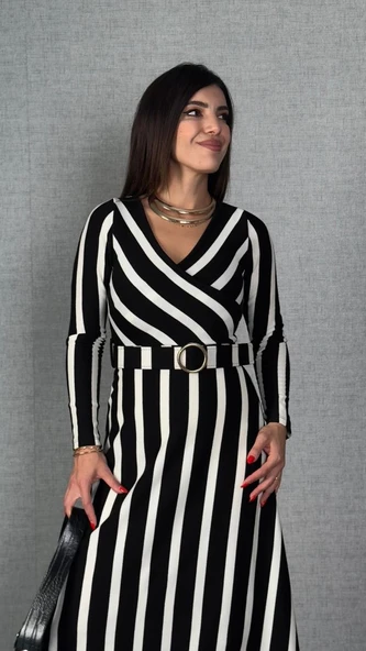 Kadın Uzun Kollu Kruvaze Yaka Kemer Dahil çizgili Triko Elbise ürün görseli