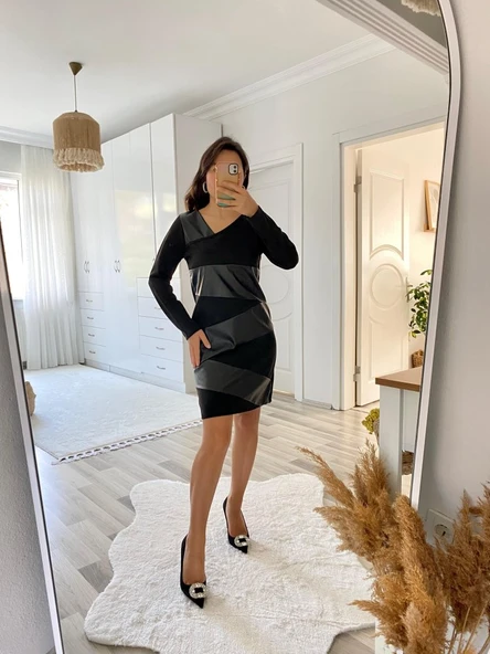 Kadın Uzun Kollu Asimetrik Yaka Süet Ve Deri Mini Boy Elbise ürün görseli