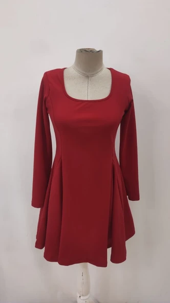 Kadın Uzun Kollu Kare Yakalı Mini Ithal Krep Elbise - Resim 6