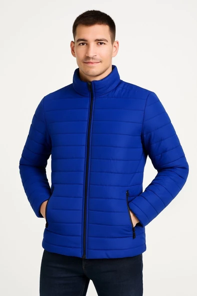 Erkek Bomber Mont Ceket – Su İtici Kumaş, Kapitone Astarlı, Fermuarlı, Kışlık - Saks Mavisi - Resim 4