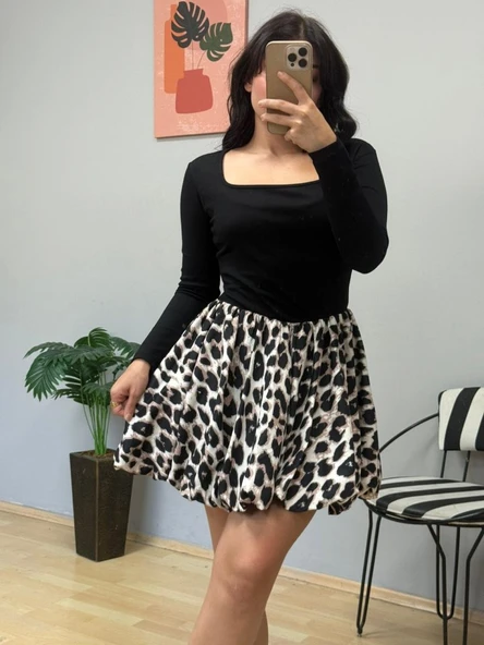 Kadın Uzun Kollu Kare Yaka Mini Balon Modal Elbise - Resim 2