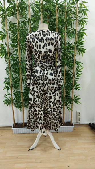 Kadın Uzun Kollu Kruvaze Yakalı Belden Kuşaklı Leopar - Resim 8