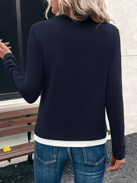 Kadın Uzun Kollu V Yakalı çift Renkli Viskon Iki Iplik Bluz - Resim 5