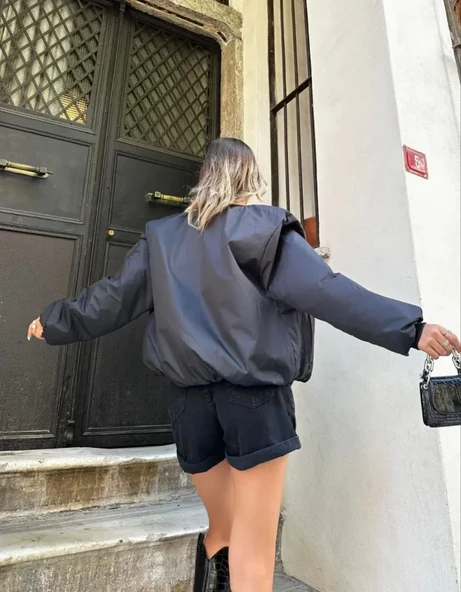 Düz Bomber Ceket - Siyah - Resim 2