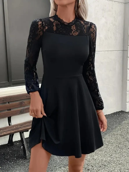 Kadın Uzun Kollu Dantelli Kloş Mini Ithal Krep Elbise - Resim 4