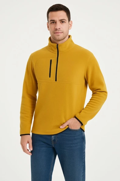 Erkek Polar Kazak – Dik Yaka, Yarım Fermuarlı, Fermuarlı Göğüs Cepli, Siyah Biyeli, Kışlık Rahat Regular Fit Günlük Model - Sarı - 4