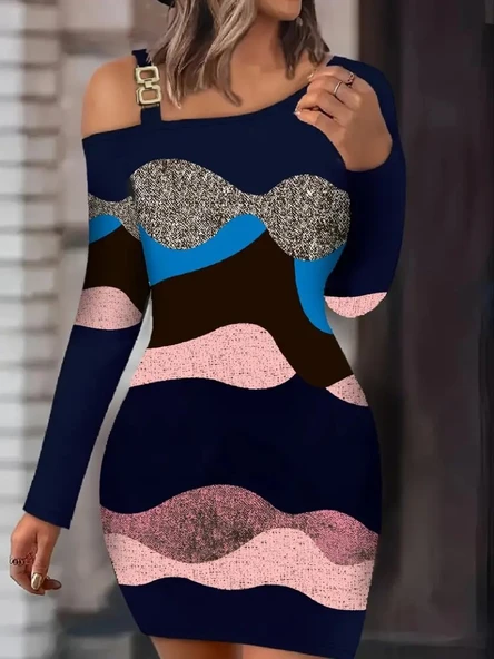 Kadın Uzun Kollu Tek Omuzu Askı Toka Detaylı Kısa Dalgıç Elbise ürün görseli