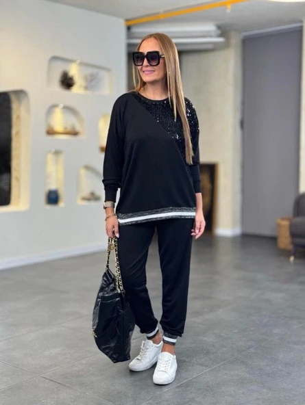 Kadın Modal Kumaş Payetli Sim Ve Ribanalı Detay Ikili Takım - Resim 4