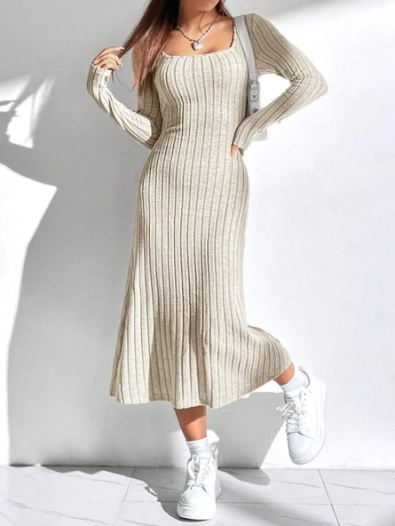 Kadın Uzun Kollu Kare Yaka Midi Kaşkorse Elbise ürün görseli