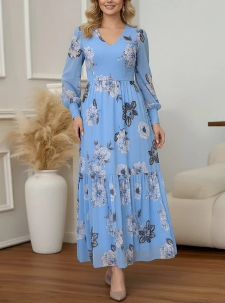 Kadın Uzun Kollu V Yakalı çiçek Desenli Maxi Süprem Elbise - Resim 5