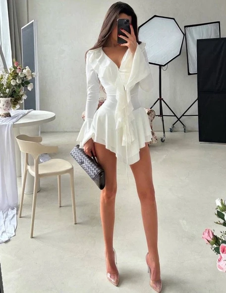 Kadın Dalgıç Kumaş Fırfırlı Elbise - Resim 3