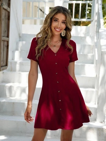 Kadın Kısa Kollu V Yaka önü Düğmeli Viskon Elbise - Resim 6