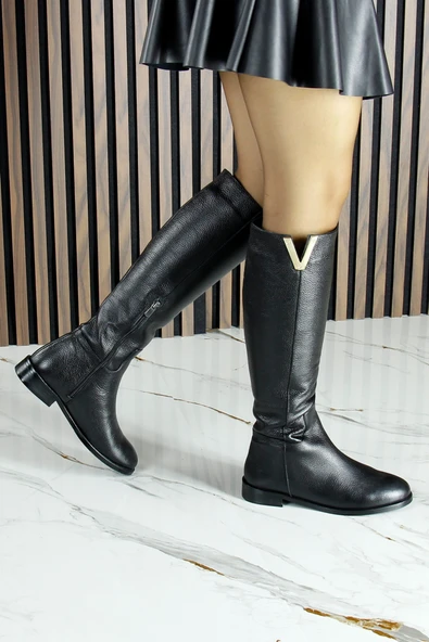 Erkan Saçmacı Siyah Hakiki Dana Derisi Metal Aksesuarlı Fermuarlı Yuvarlak Burun Kalın Topuklu Çizme - 4