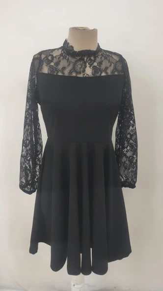 Kadın Uzun Kollu Dantelli Kloş Mini Ithal Krep Elbise - Resim 7