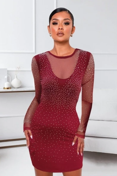 Kadın Uzun Kollu Yuvarlak Yaka Dekolteli Taşlı Dalgıç Elbise - Resim 4